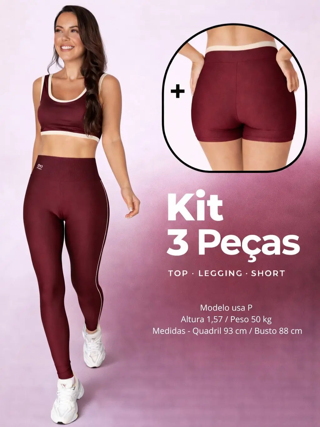 Kit Fitness Feminino 3 Peças – Top, Shorts e Legging Cintura Alta