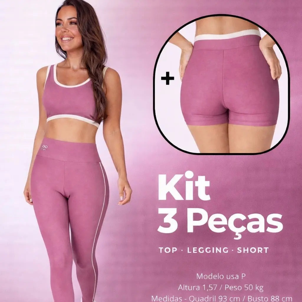 Kit Fitness Feminino 3 Peças – Top, Shorts e Legging Cintura Alta