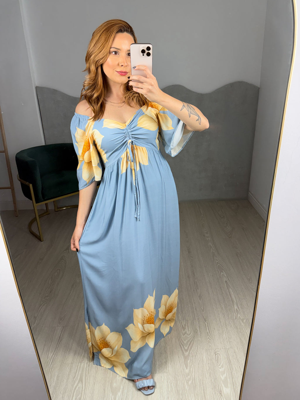 Vestido Estampado com Bolsos e Manga Sol