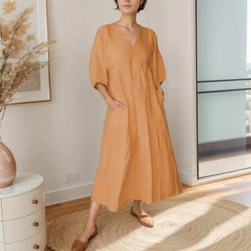 Vestido Alma Livre™ em Linho de Algodão com Gola V e Manga Ampla