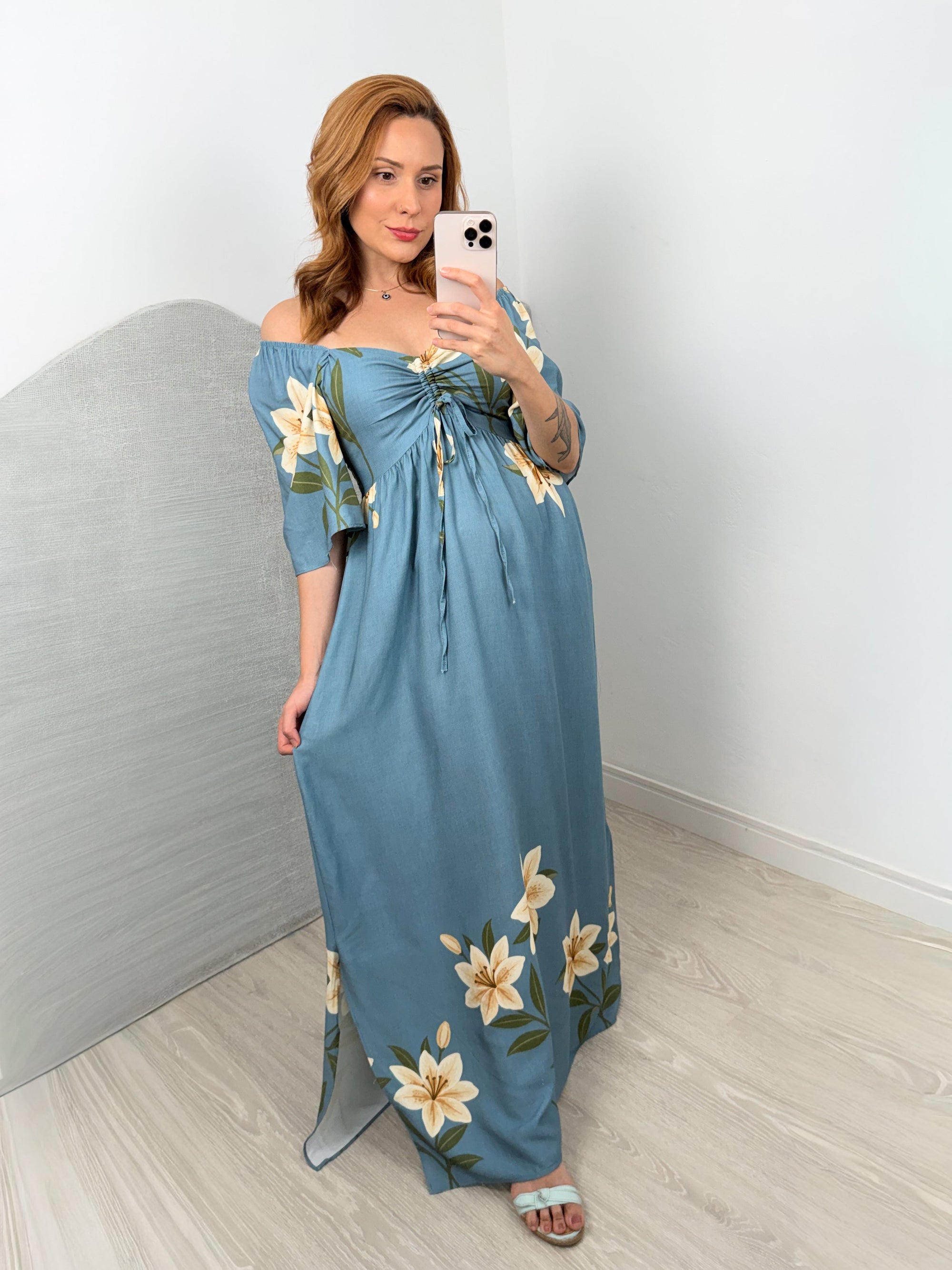 Vestido Estampado com Bolsos e Manga Sol