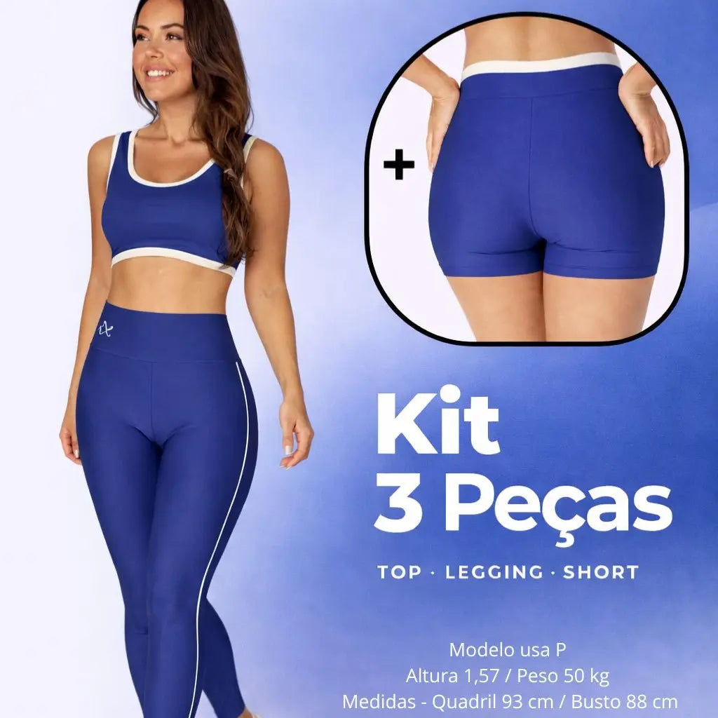 Kit Fitness Feminino 3 Peças – Top, Shorts e Legging Cintura Alta