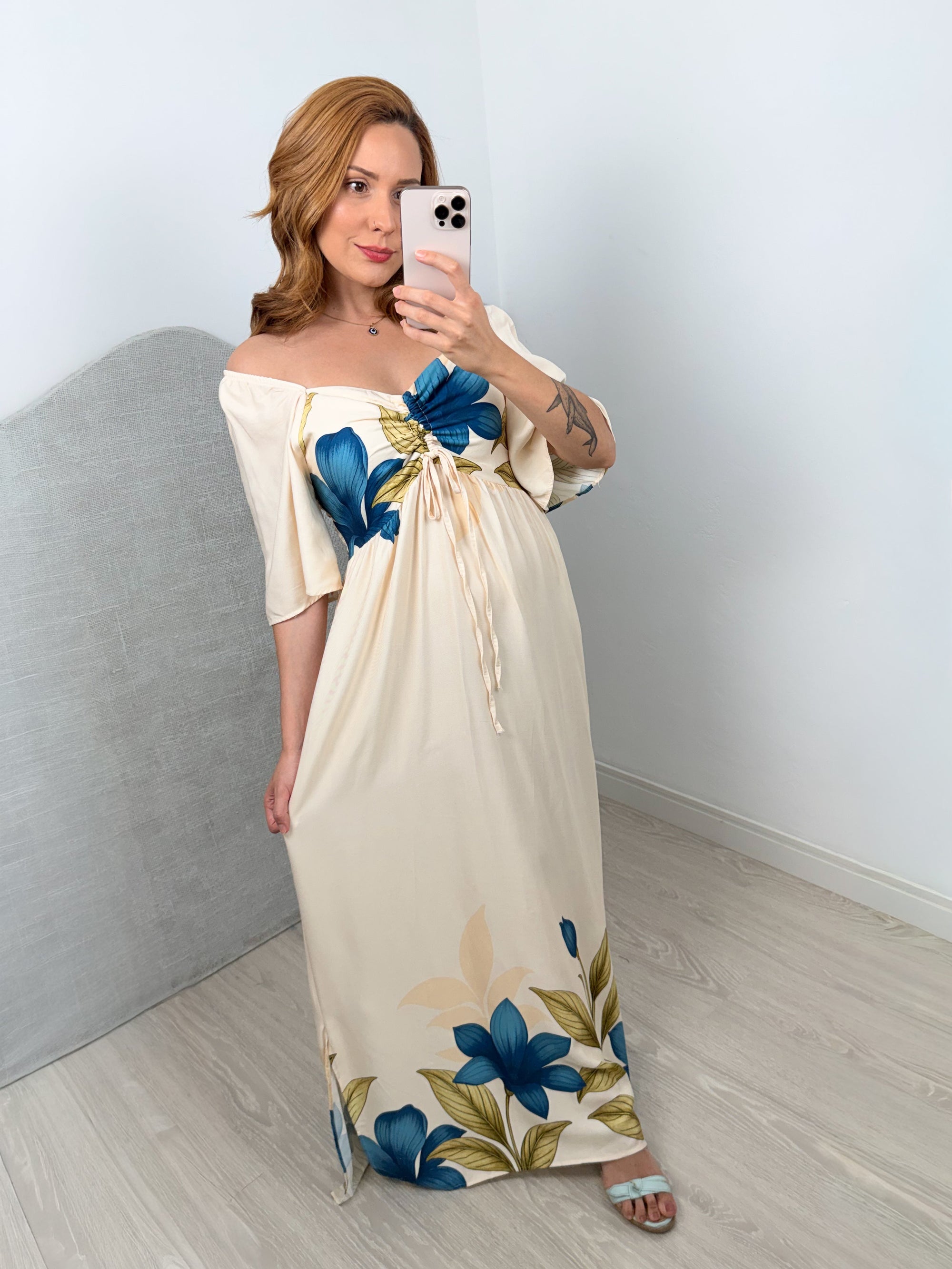 Vestido Estampado com Bolsos e Manga Sol