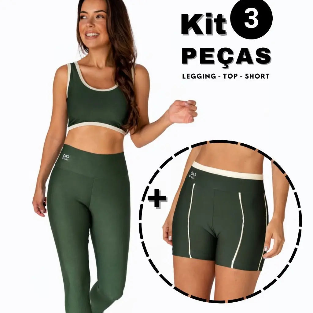 Kit Fitness Feminino 3 Peças – Top, Shorts e Legging Cintura Alta