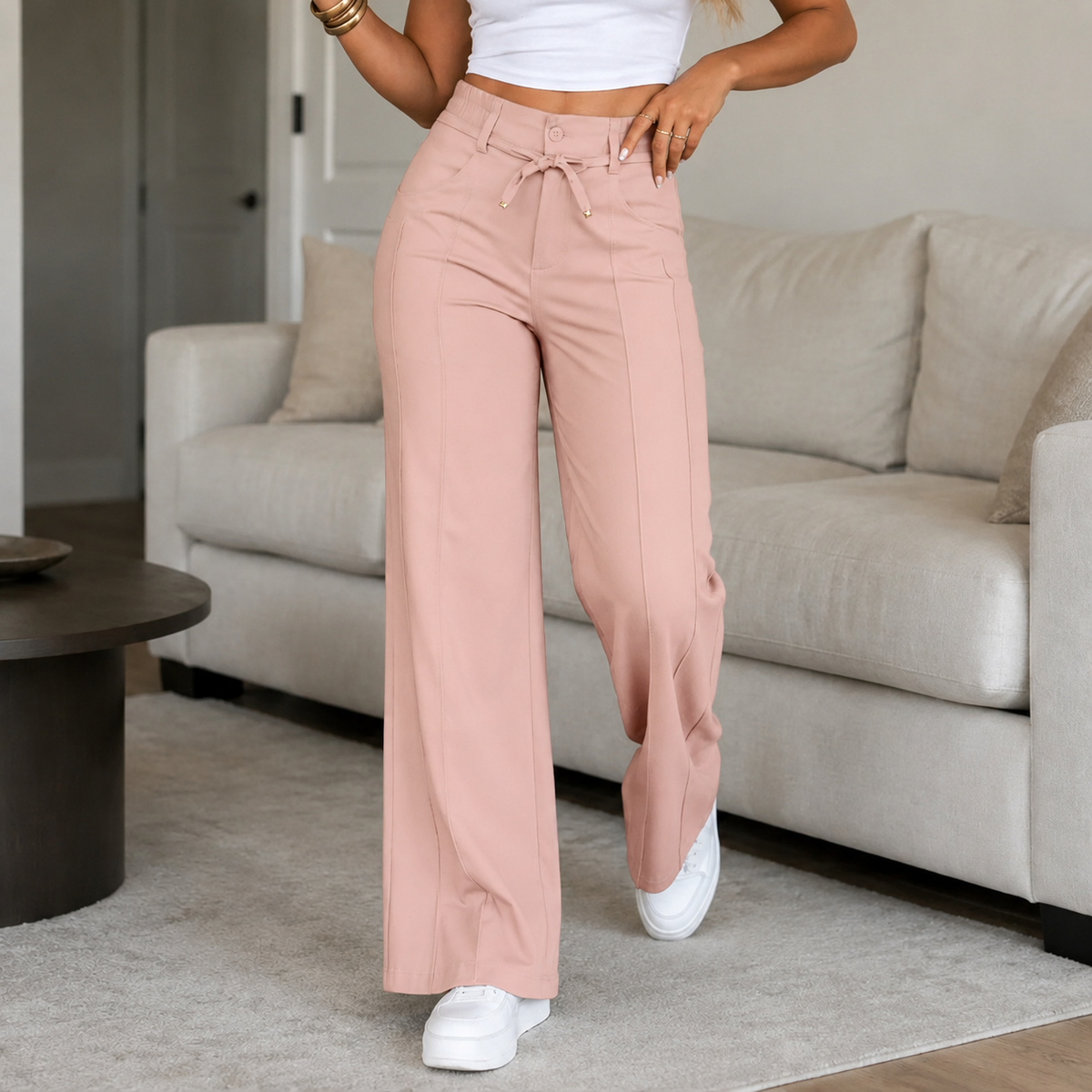 Calça Pantalona Julie em Malha de Seda Gelo e Poliéster
