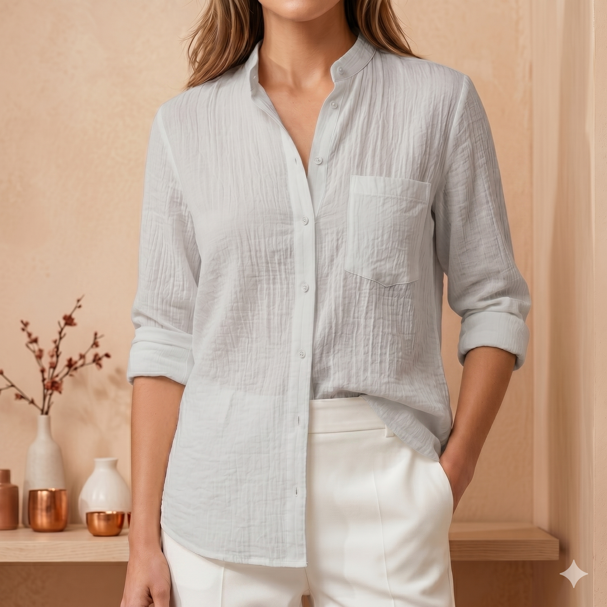 [Compre 1 e Leve 3] Camisa Adelaide™ em Linho de Algodão com Gola Mandarin / Elegância e Conforto que Se Reinventam em Cada Ocasião!