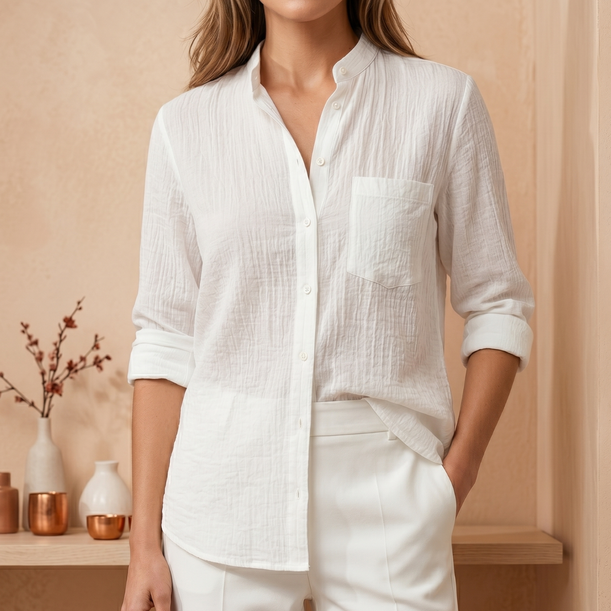 [Compre 1 e Leve 3] Camisa Adelaide™ em Linho de Algodão com Gola Mandarin / Elegância e Conforto que Se Reinventam em Cada Ocasião!