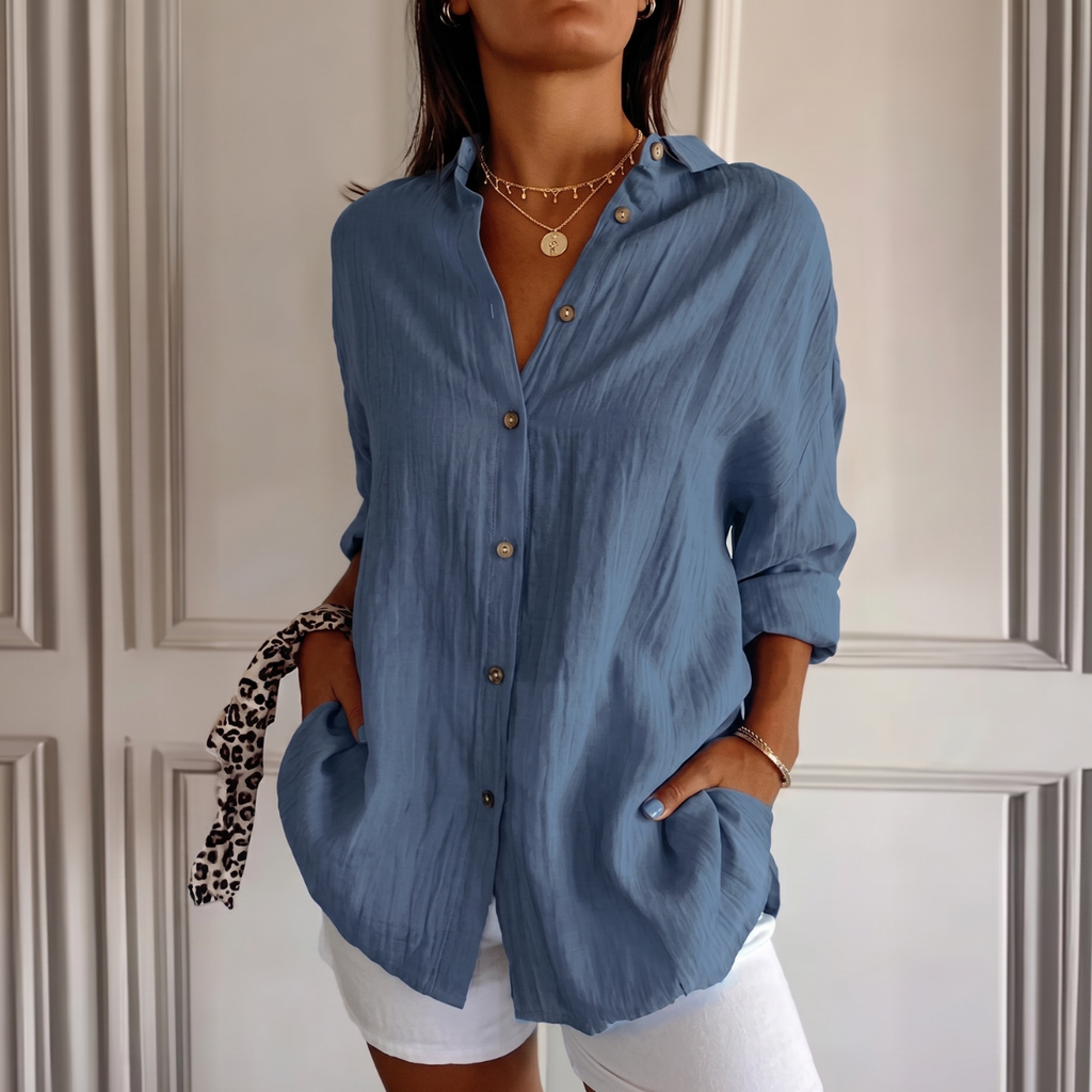 [Liquidação: Compre 1 e Leve 3] Camisa Ibiza™ em Linho de Algodão com Design Semi Plissado / Conforto e Estilo que Abraçam a Mulher Elegante!