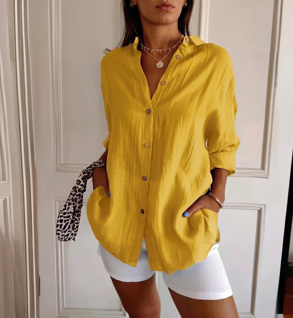 [Liquidação: Compre 1 e Leve 3] Camisa Ibiza™ em Linho de Algodão com Design Semi Plissado / Conforto e Estilo que Abraçam a Mulher Elegante!