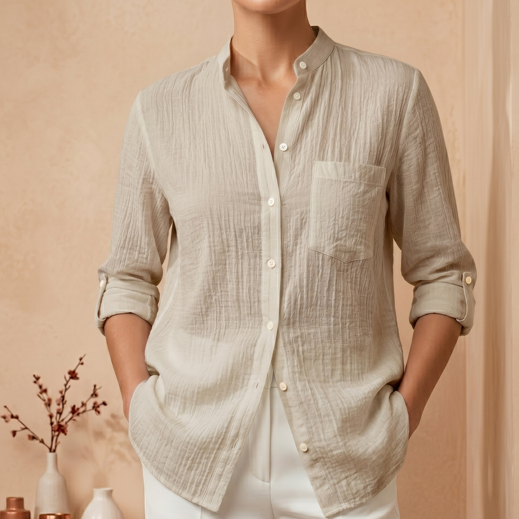 [Compre 1 e Leve 3] Camisa Adelaide™ em Linho de Algodão com Gola Mandarin / Elegância e Conforto que Se Reinventam em Cada Ocasião!