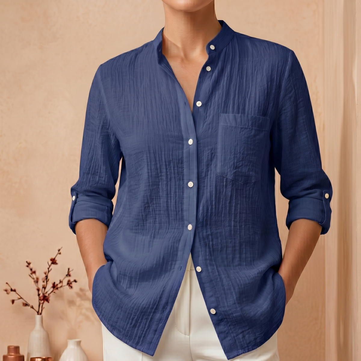 [Compre 1 e Leve 3] Camisa Adelaide™ em Linho de Algodão com Gola Mandarin / Elegância e Conforto que Se Reinventam em Cada Ocasião!