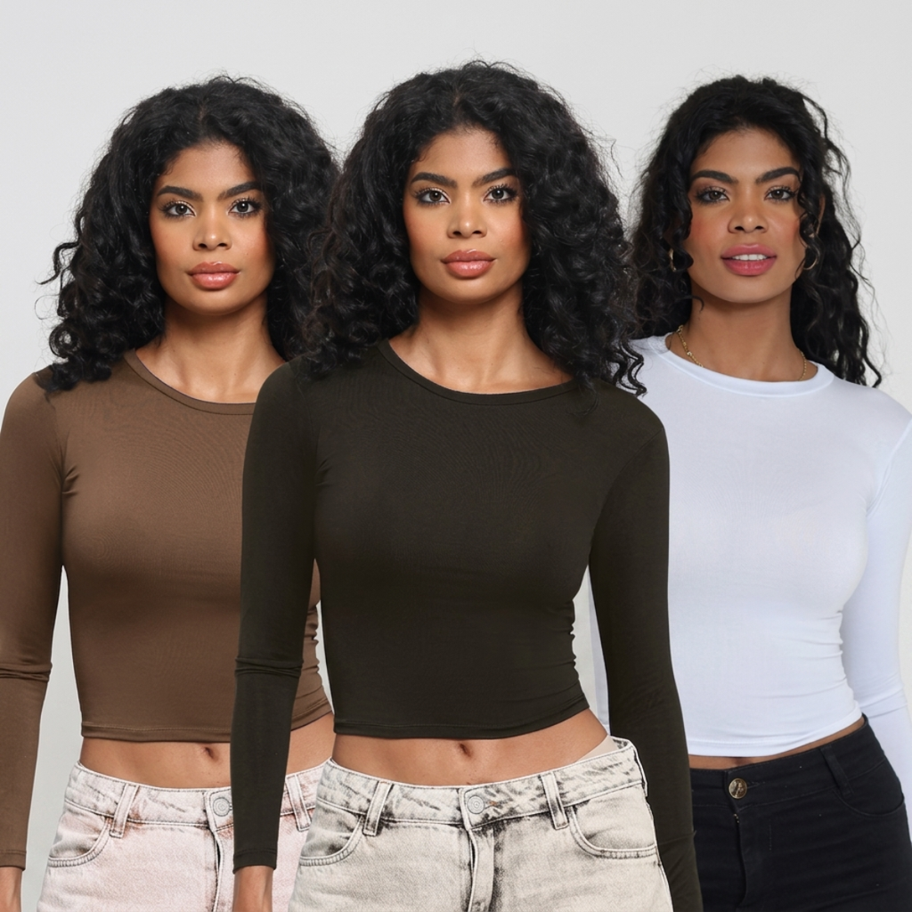KIT 3: Blusa Feminina de Manga Longa - Meia Estação de Compressão Colada