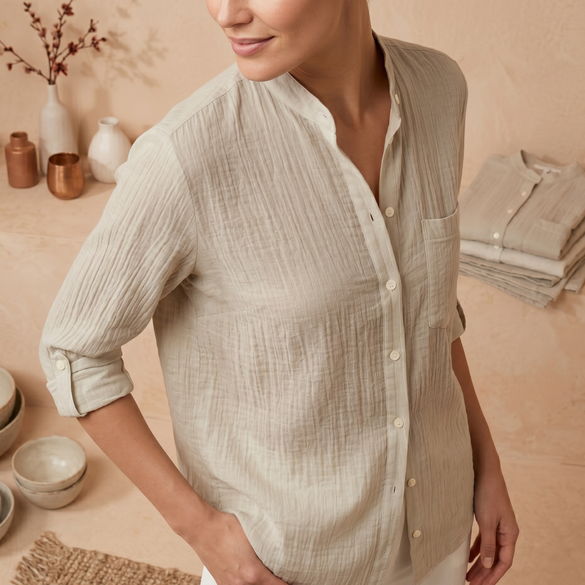 [Compre 1 e Leve 3] Camisa Adelaide™ em Linho de Algodão com Gola Mandarin / Elegância e Conforto que Se Reinventam em Cada Ocasião!