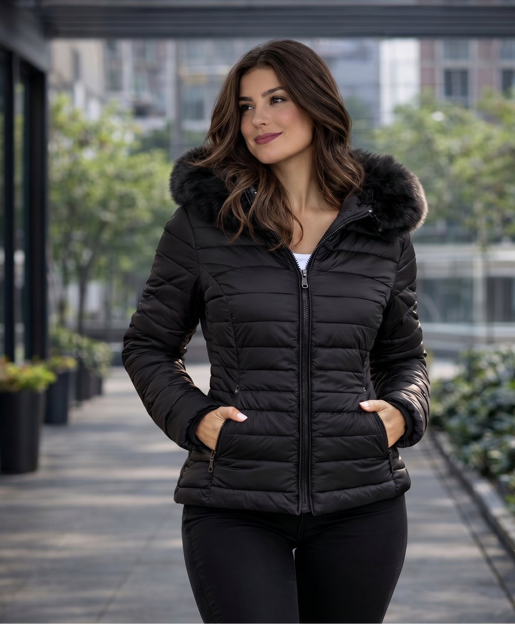 Jaqueta Puffer Forrada Impermeável com Capuz de Pelinho - Premium