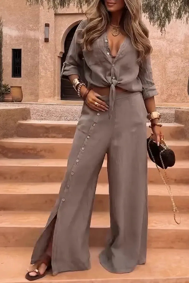 Conjunto Luna em Linho Natural - Modelagem Pantalona e Tecido Respirável (Último dia de Promoção)