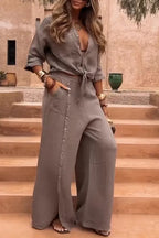 Conjunto Luna em Linho Natural - Modelagem Pantalona e Tecido Respirável (Último dia de Promoção)