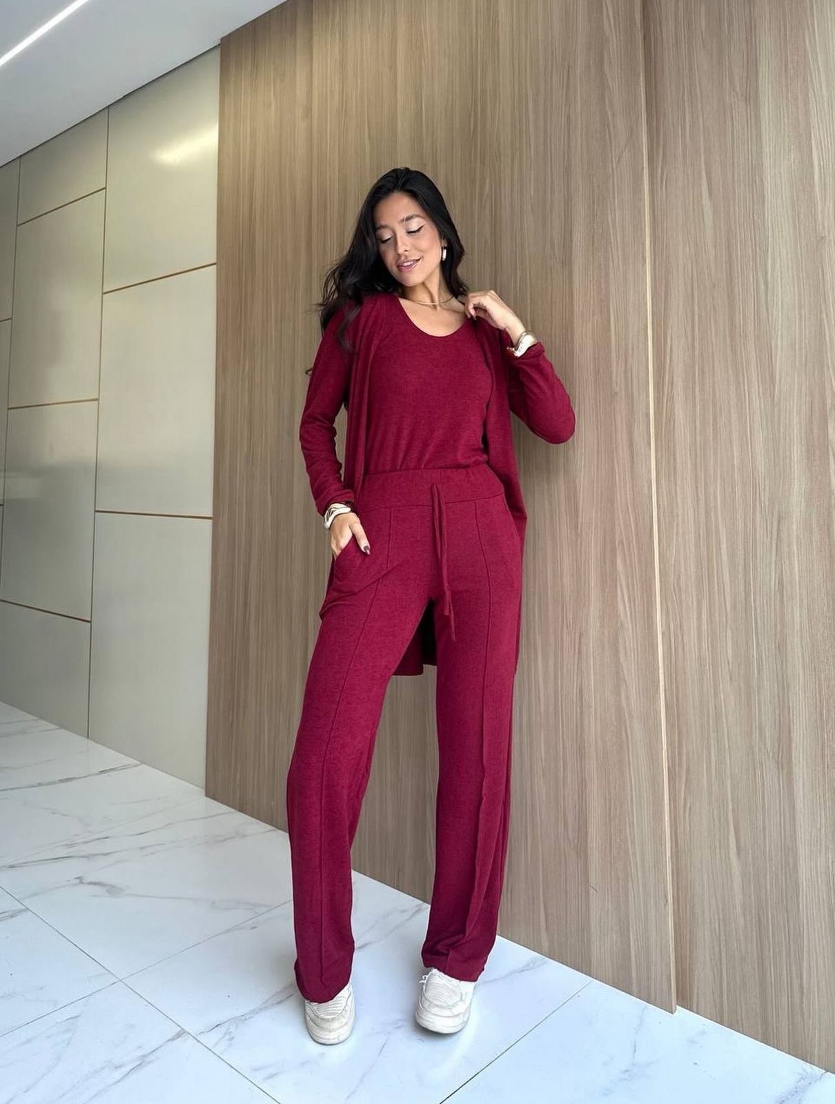 Conjunto Feminino 3 Peças: Cardigan Longo, Blusa e Calça Pantalona ( Promoção Válida Apenas Hoje)